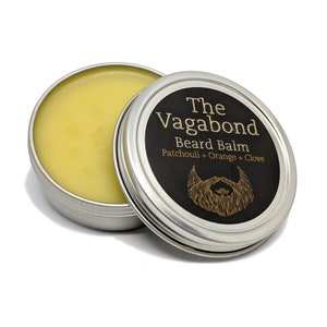 The Vagabond Beard Balm - Patchouli + Orange + Clove. All natural & handmade. Conditions, hydrates, shapes. Reduces dandruff.