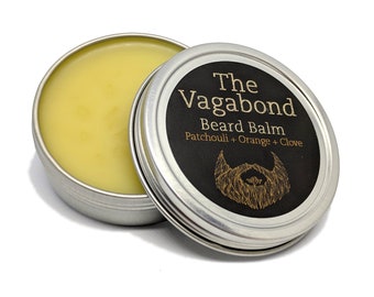 The Vagabond Beard Balm - Patchouli + Orange + Clove. All natural & handmade. Conditions, hydrates, shapes. Reduces dandruff.