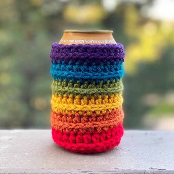Love Wins Pride Cozy | Rainbow Crochet Drink Sleeve | Soda or Beer Can or Bottle Holder