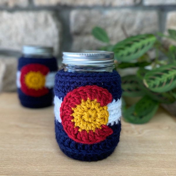 Cute Colorado Mason Jar Cozy | Crochet Drink Sleeve with Logo | Colorado Emblem