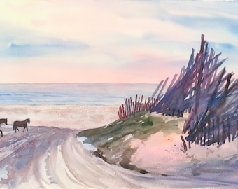 Beach Ponies Giclee Print Series: Beach Ponies and Sand Fence