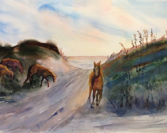 Beach Ponies Giclee Print Series: Beach Ponies in Early Morning