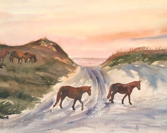 Beach Ponies Giclee Print Series: Beach Ponies Crossing the Dunes Road