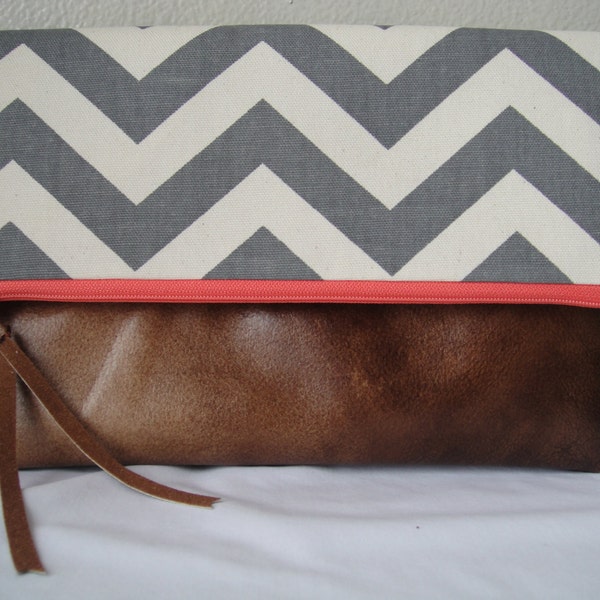 Gray chevron fold-over zippered clutch with pink zipper