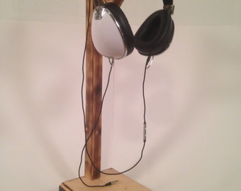 Handcrafted Headphone Stand - Rustic Wood Burnt