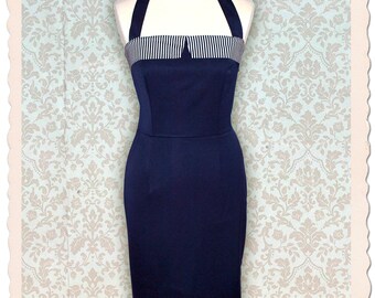 Pinup Halter Dress, Blue/Striped, 50s Rockabilly