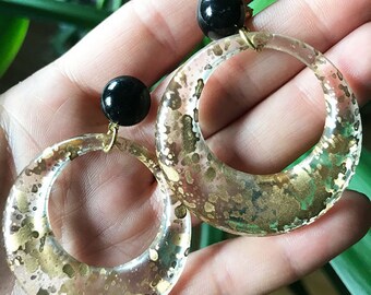 Round Earrings Black Gold Speckled