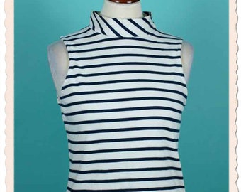 60s Top, MOD, Stand-up Collar, Turtleneck, Stripes, Stripes, Sleeveless, Black and White