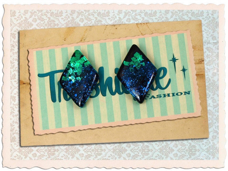 Confetti Lucite Earrings RAUTE Light Blue/Blue, Rockabilly 50s Repro image 1