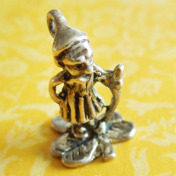 Vintage Pixie Elf Gnome Leprechaun Standing on a Shamrock with a Cane Sterling Silver Charm