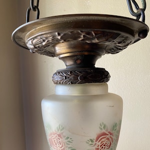 Vintage 1920s Art Deco Pendant Light Painted Roses Conical Bullet Shade Hanging Brass Fixture