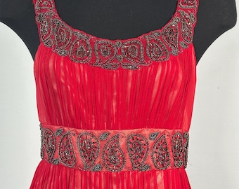 Vestido de cóctel vintage Y2K de gasa de seda roja con cuentas y estampado de cachemira para fiestas, talla XS/S/4