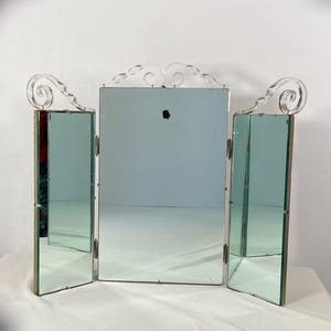 Vintage Trifold Vanity Mirror Art Deco Lucite Scroll Standing Table Top 19 x 25.5 In