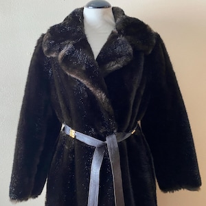 Vintage Faux Fur Midi Coat Dk Brown Mob Wife 70s Belted w/Gold Tassels! M