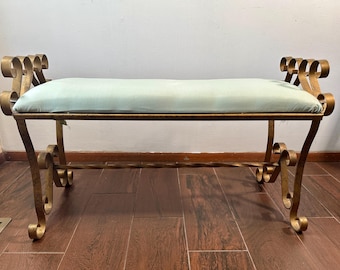 Hollywood Regency Mid Century Gold Wrought Iron Scrolled Bench READ RE SHIP