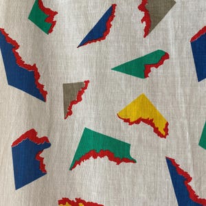 Vintage 80s Graphic Puzzle Print Cotton White Red Blue Yellow Green Sheeting