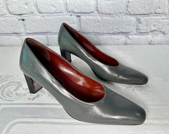 Vintage Seston Meucci Gray Leather Sculpted Heels Square Almond Toe Italy 7.5 N/38 2.25 In