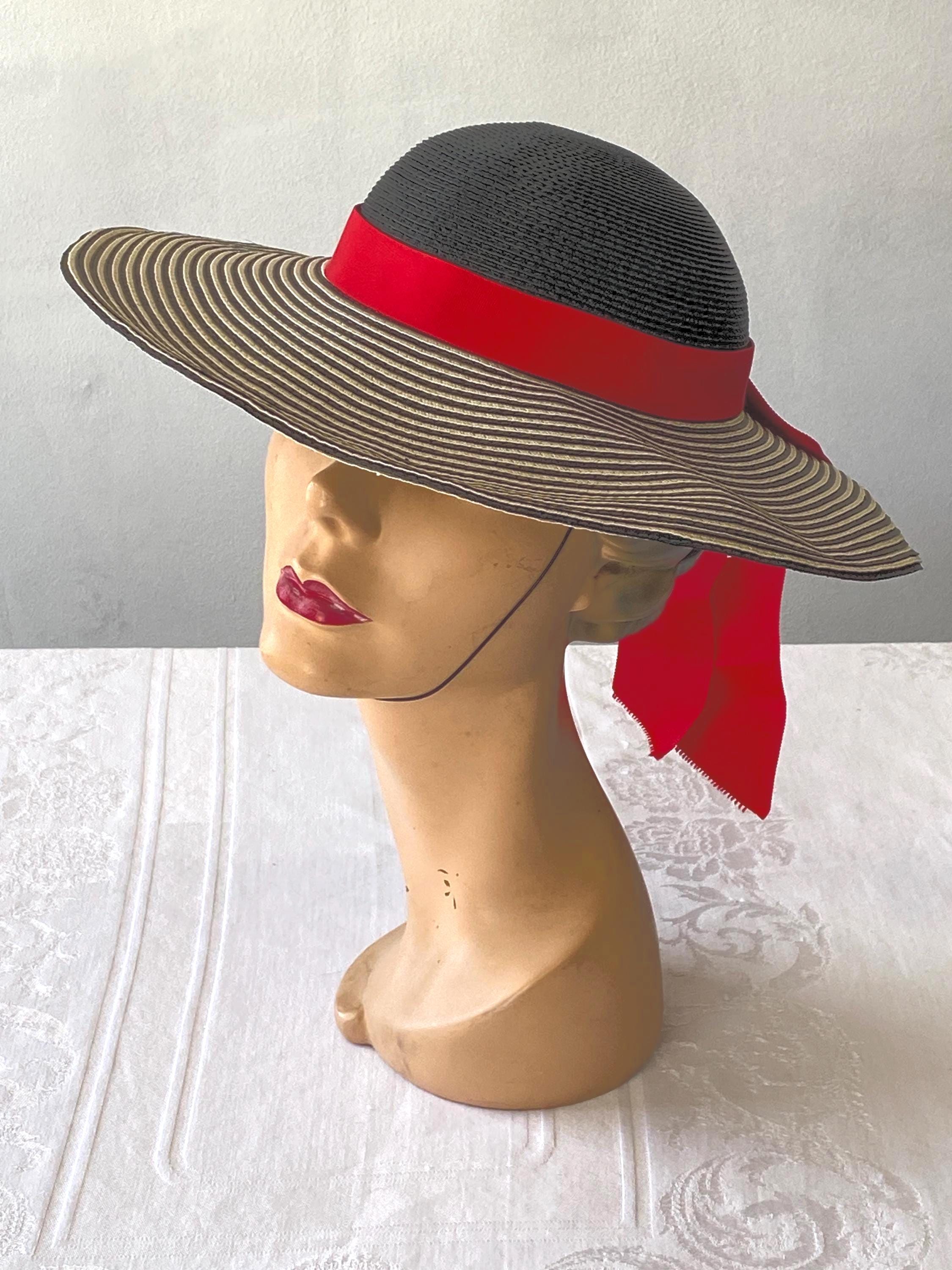 Vintage 1950s 60s Style Epnie Wide Brim Straw Hat with Veil & Grosgrain Ribbon P1070249__99479.1705341764.JPG?c=2 main image 2
