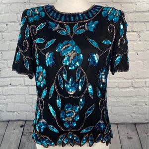 Vintage 80s Stenay Aqua Black Silk Top Beaded Sequins Floral Short Sleeve Scallop S/M