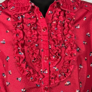 Op de afbeelding: Rode blouse met een geplooide kraag en voorkant. Het heeft een klein bloemenpatroon in blauw, wit en geel. De stof heeft een getextureerd uiterlijk en sluit met knopen.