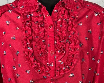 Vintage 80s Red Floral Puff Sleeve Ruffled Cottagecore Button Down Top M