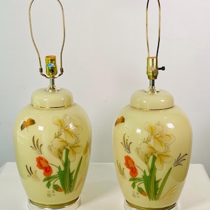 Vintage Chinese Lamp Pair 1980s Ginger Jar Hand Painted Large Porcelain Beige Orange 27”