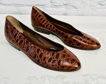 Vintage 80er Jahre 9 West Moc Croc Ballerinas Schokolade Braun Runde Spitze 9.5 / 40 Brasilien