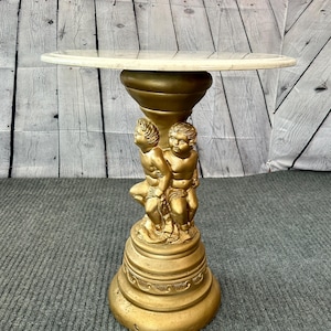 Vintage Hollywood Regency Marble Pedestal Table Gold Cherubs Round
