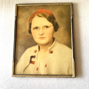 Vintage 1930s 1940s Metal Art Deco Picture Frame Grumpy Secretary Woman with Eyeglasses Photo Colorized