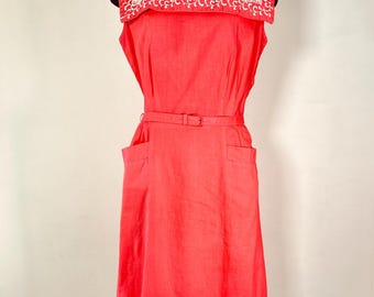 Vintage 1950s Coral Cotton Dress: Embroidered Square Collar, Pockets, Belt