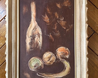 Mid Century Modern Original Art Painting: Wine Bottle, Fruit, COOL Carved Frame