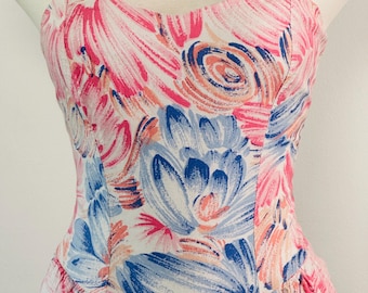 Vintage 80s Floral Cotton Jumpsuit Halter Sweetheart Pastel Pink Blue White XS