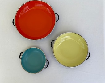 Vintage Mid Century Colorful Enamel Cookware Sauté Pans Cavalier Italy Set Of 3 Blue Red Yellow