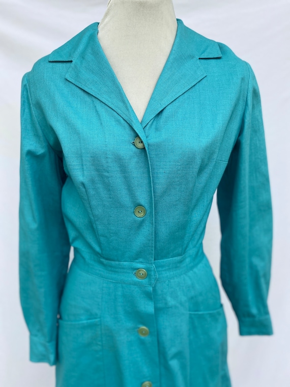 Vintage 50s/60s Aqua Linen Shirtdress Waitress Sty