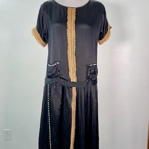 Vintage WW1 1920s Dress Flapper Lace Details! Button Drape Accordion Pleats Peekaboo Sleeves Black Satin M