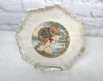 Art Nouveau 1900s Porcelain Lady Plate Mucha Style French Cherries Scalloped Edge