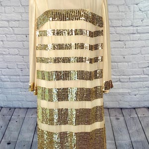 Vintage 60s Mod Gold Sequin Cream Chiffon Party Dress Sheer Stripe Shift Go-Go S/M