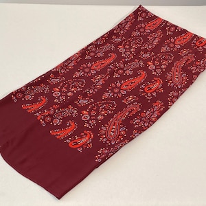 Vintage 40s Cold Rayon Mens Scarf Maroon Paisley Yellow Orange Print 12.5 X 49”