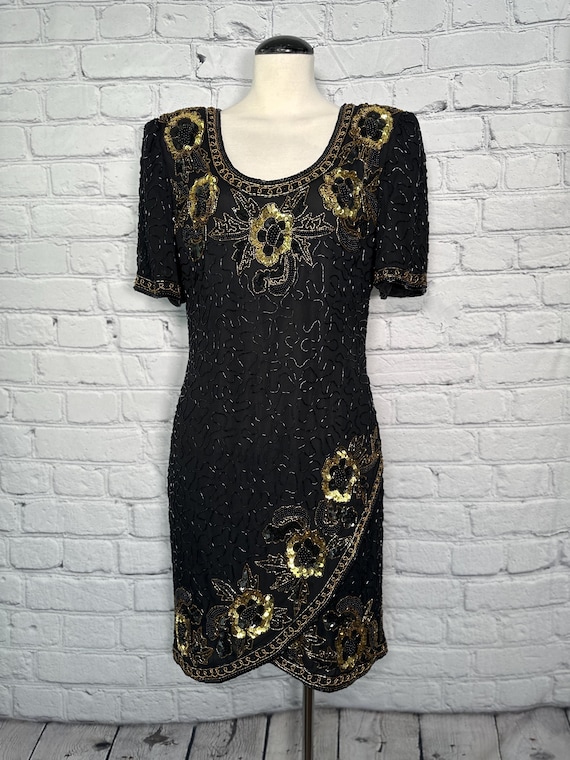 Vintage NWOT 90s Laurence Kazar Flapper Dress Black Gold Floral Silk Beaded Sequin  Midi Sheath XS/S