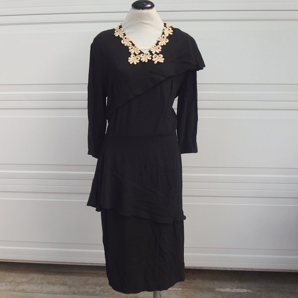 Vintage 1940s Volup Eisenberg Originals Rayon Peplum Black Draped Midi Dress Lace Trim Large