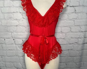 Vintage 1980s NOS Red Lacy Teddy Plunging V-Neck Onesie Romper Lingerie M