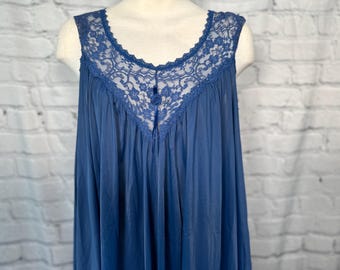 Vintage 70er Jahre Cadet Blau Nylon Illusion Lace Nachthemd Midi Volup L/XL
