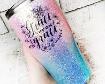 Pink and Blue Glitter Tumbler, Glitter Cups, 30 oz Grace upon Grace glitter tumbler with lid, 30 ounce grace and strength insulated cups