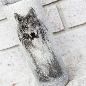 Glitter Wolf Cup, Silver and White glitter cup, custom glitter tumbler, travel cup, Elegant glitter cup, travel coffee tumbler with straw