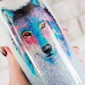 Custom glitter cup with watercolor wolf, white, blue and purple ombre cup, custom glitter tumbler, travel cup, bridal cup, wedding gift