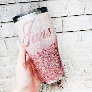 Personalize pink tumbler with name, 20 ounce glitter tumbler, pink ombre glitter cup, glitter cup with name, teacher gift, insulated tumbler