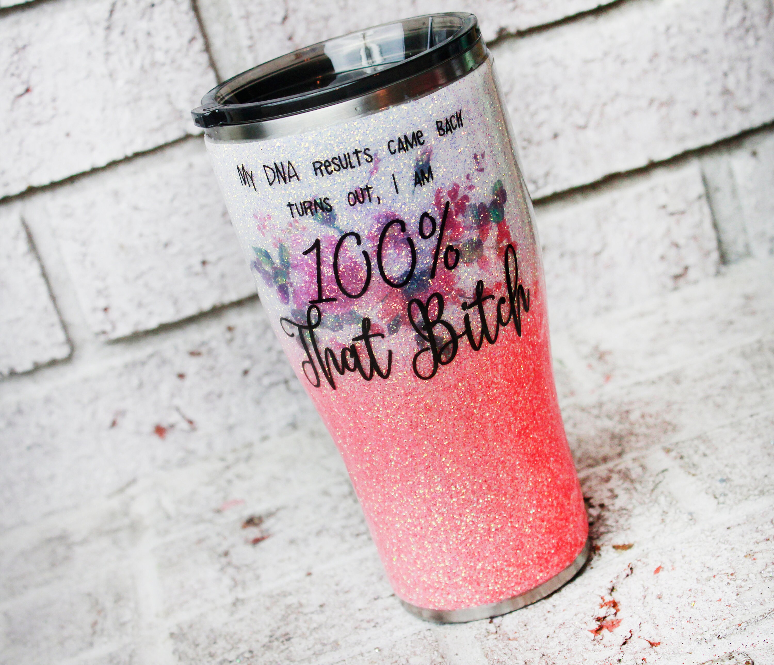 That Bitch custom glitter tumbler, coral glitter cup, funny travel mugs, dn...