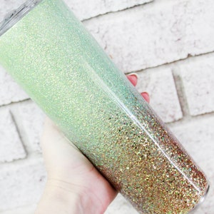 Mint and Gold glitter tumbler, Gold and green insulated tumblers, 30 ounce glitter cup with straw, double wall insulated sparkle tumblers