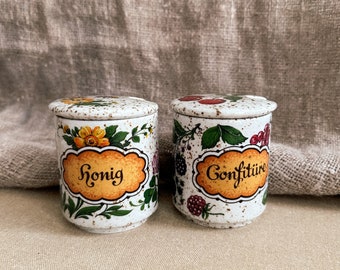 2 Vintage Ceramic Jar Honey - Confiture Jam Pot German vintage finds Farmhouse Kitchen Container Floral Fruits Jar Honey Storage Jar