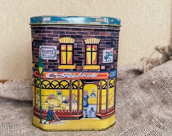 Boîte à thé anglaise vintage avec couvercle sur le thème du café, boîte de conserve anglaise rétro, décoration de cuisine rétro, idée cadeau de pendaison de crémaillère